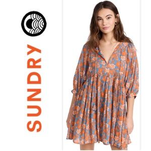 SUNDRY FLORAL BLOUSON SLEEVE DRESS